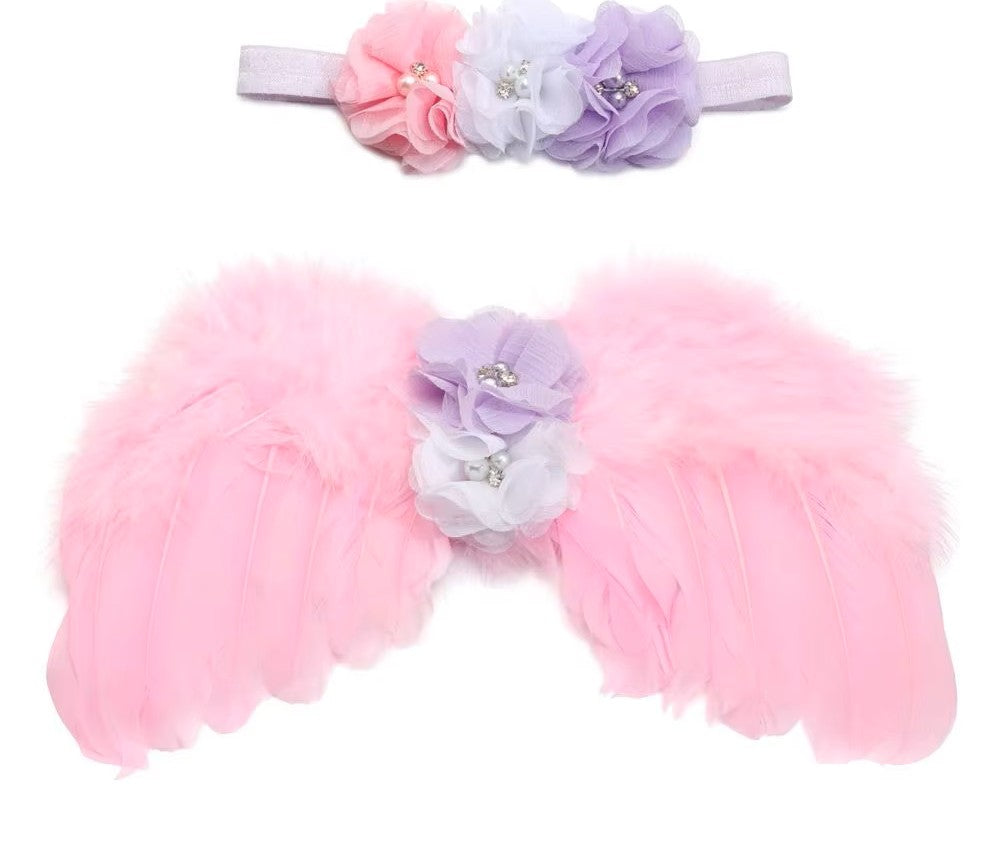 Softest angel feather wings for newborn photos, paired with a beautiful flower crown headband