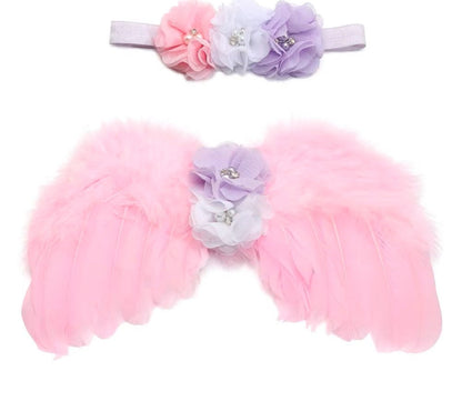 Softest angel feather wings for newborn photos, paired with a beautiful flower crown headband