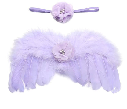Dreamy newborn angel feather wings & whimsical flower headband, creating enchanting baby photos