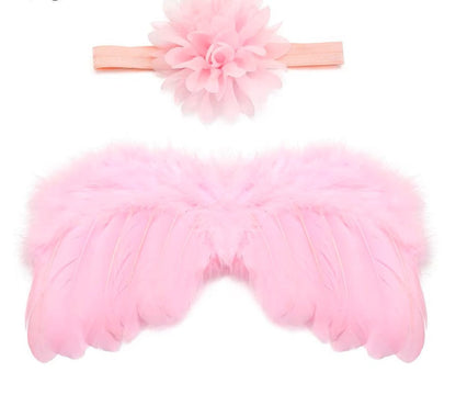Precious newborn photo prop: soft angel feather wings and a delicate flower headband for infants