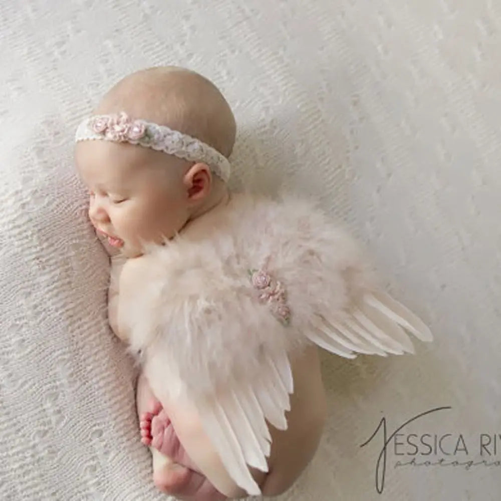 Infant photo prop set: angel feather wings for newborn & floral headband, perfect for baby girl