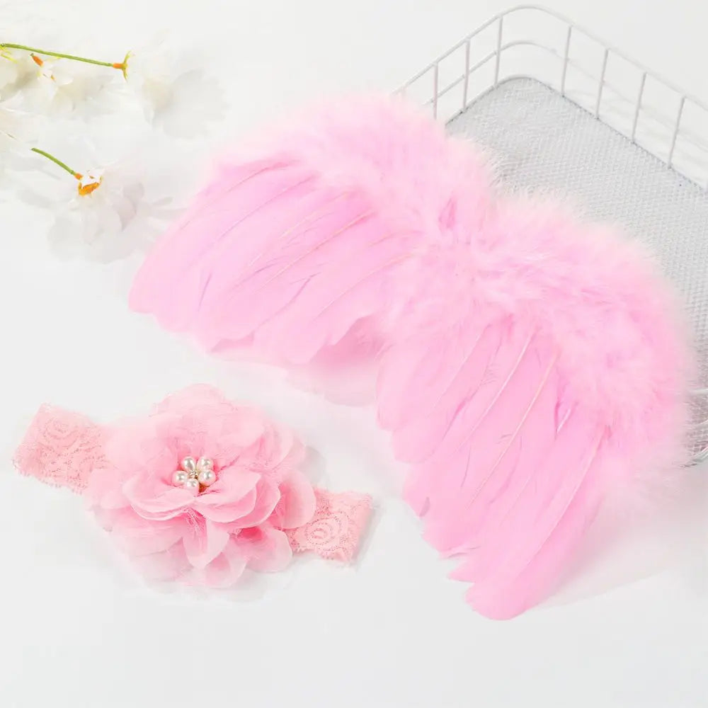 Newborn size angel wings made of soft feathers, photography prop, with flower halo headband