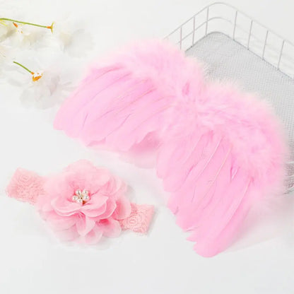Newborn size angel wings made of soft feathers, photography prop, with flower halo headband