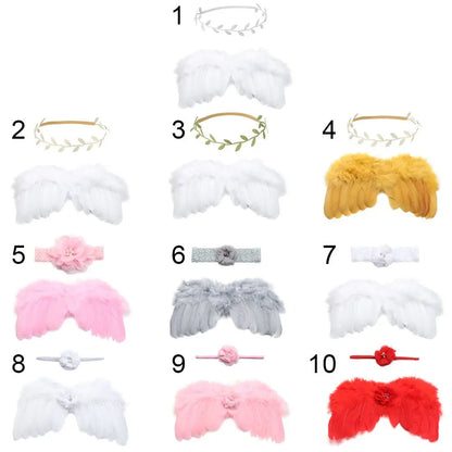 Baby girl photo shoot prop: ethereal white feather angel wings & charming floral headband