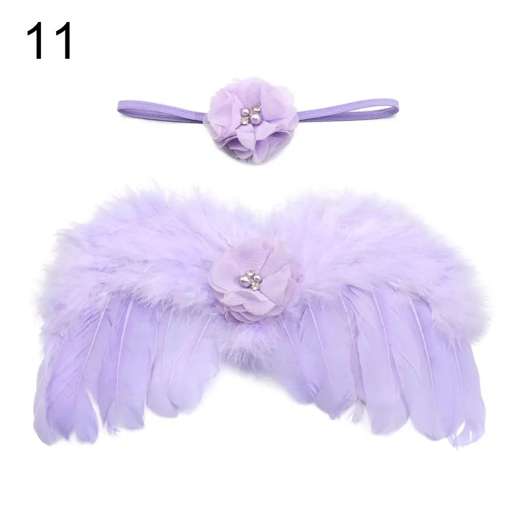Delicate angel feather wings photo prop for newborns, featuring a lovely flower headband accessory