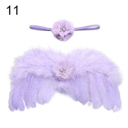 Delicate angel feather wings photo prop for newborns, featuring a lovely flower headband accessory