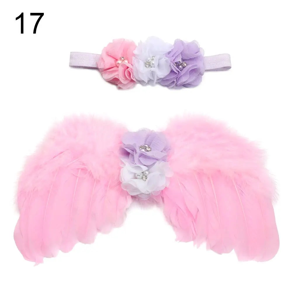 Soft white angel feather wings, newborn size, with a pretty flower headband for baby photos