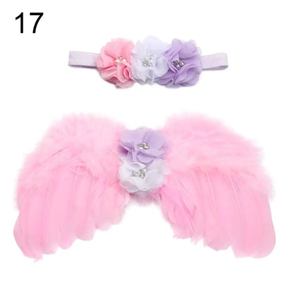 Soft white angel feather wings, newborn size, with a pretty flower headband for baby photos