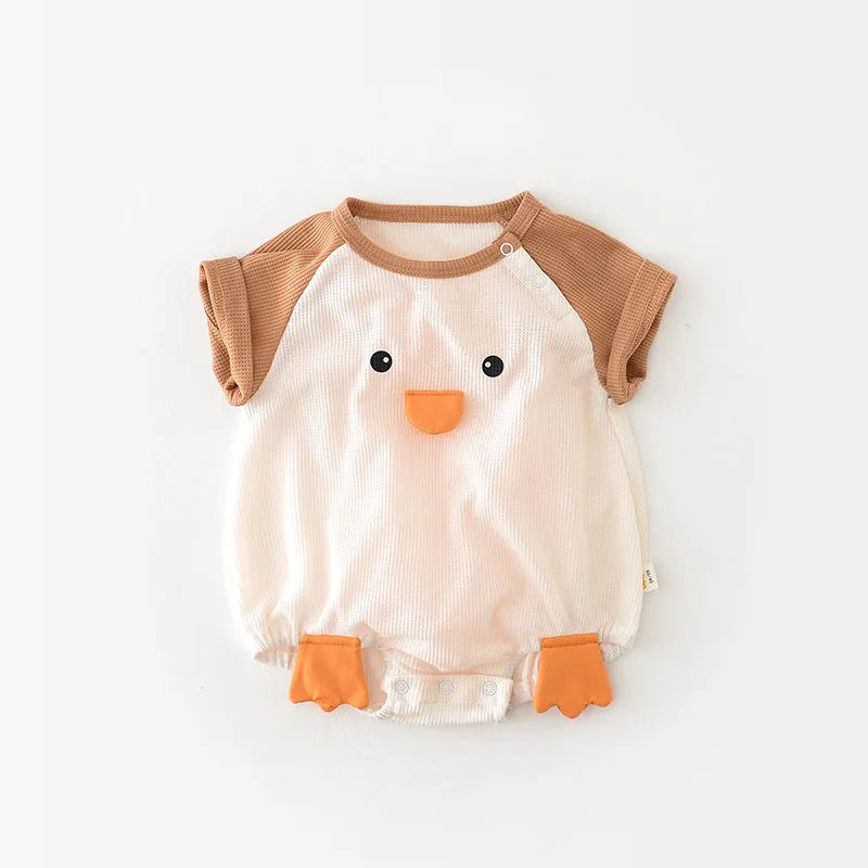 Stack of folded colorful short sleeve cotton bodysuits, useful for baby's daily wear.