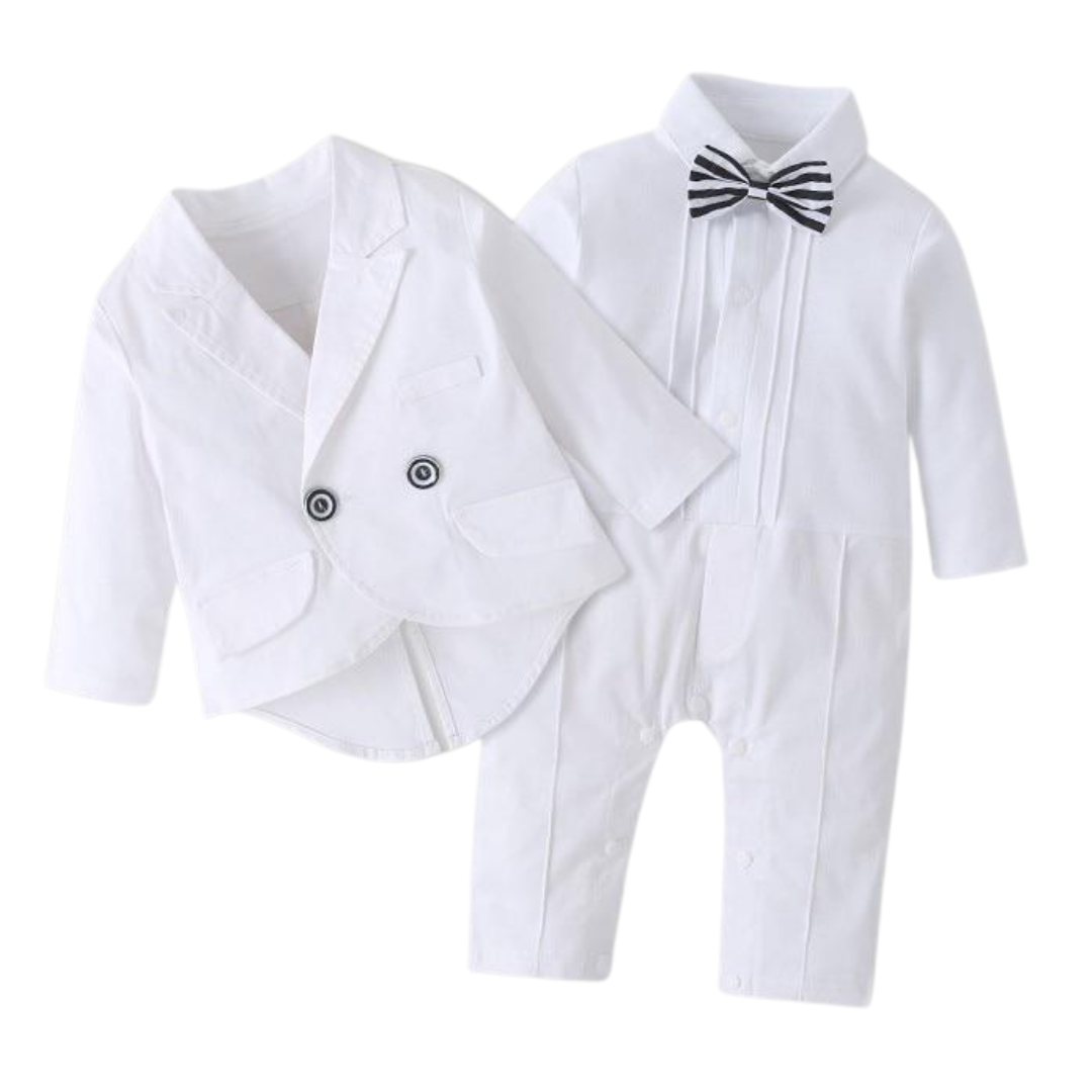 Newborn baby boy's white tuxedo romper with black bow tie, perfect for formal occasions