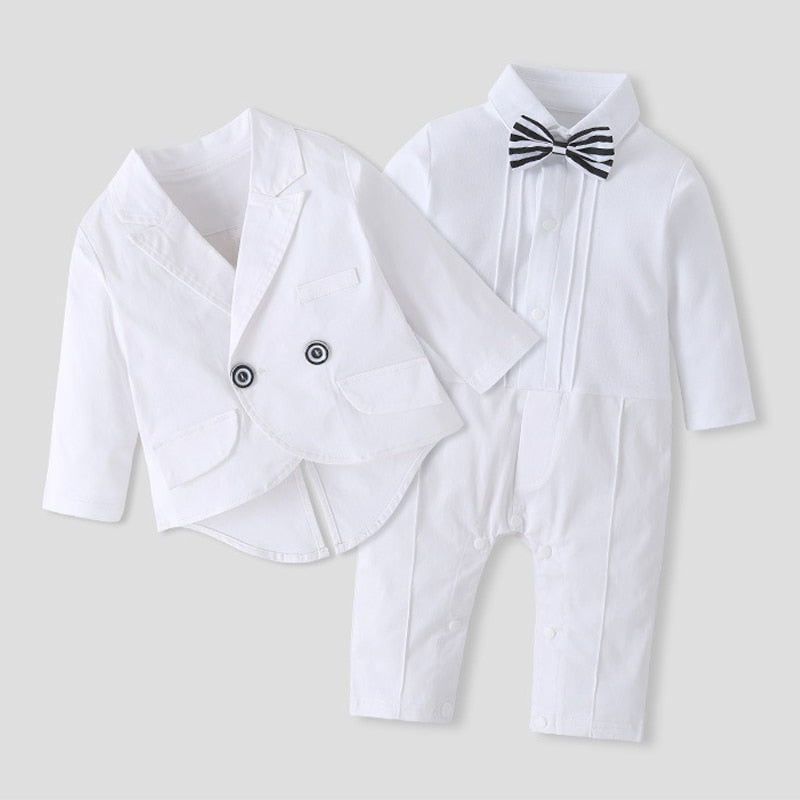 Adorable baby boy white tuxedo romper and matching blazer set made from soft cotton
