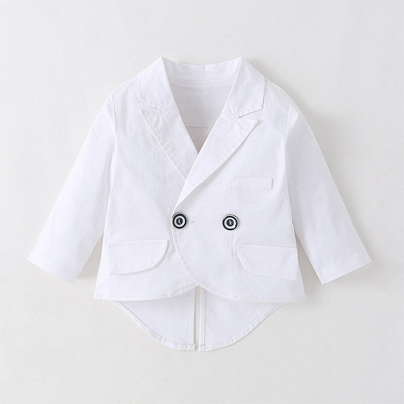 White baby boy tuxedo romper outfit with functional buttons and a satin-lapel blazer