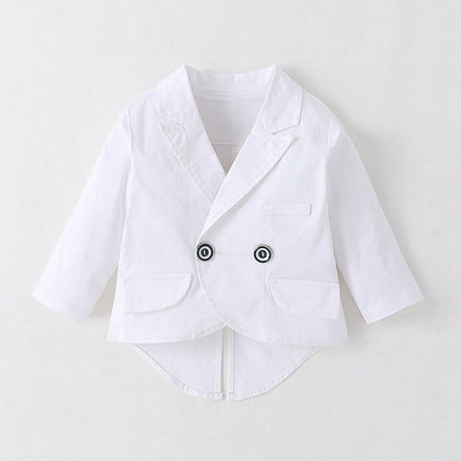 White baby boy tuxedo romper outfit with functional buttons and a satin-lapel blazer