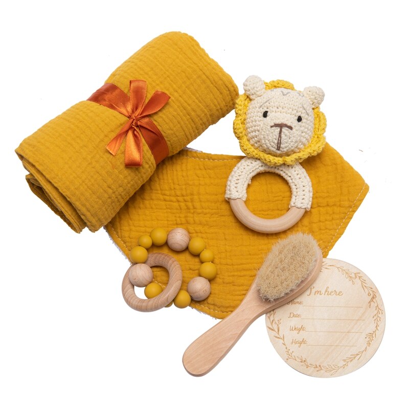 Luxury baby gift set: muslin blanket, wooden rattle, brush, comb & bath towel for newborns