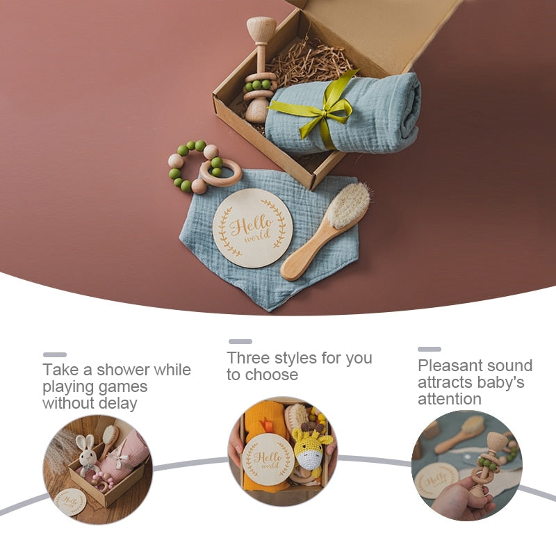 Newborn Baby Gift Set featuring practical accessories and a sensory rattle for infants
