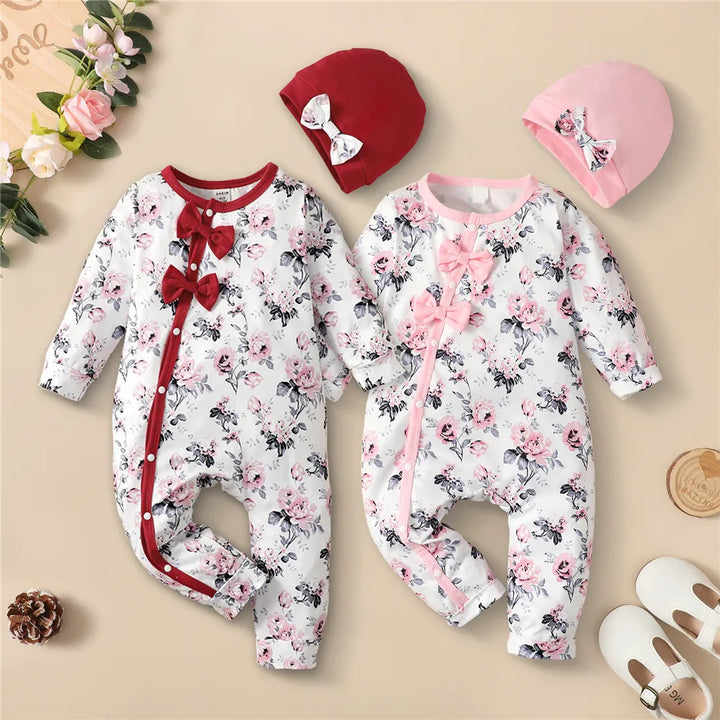 Newborn baby girl floral long sleeve romper & matching hat set, soft cotton blend.