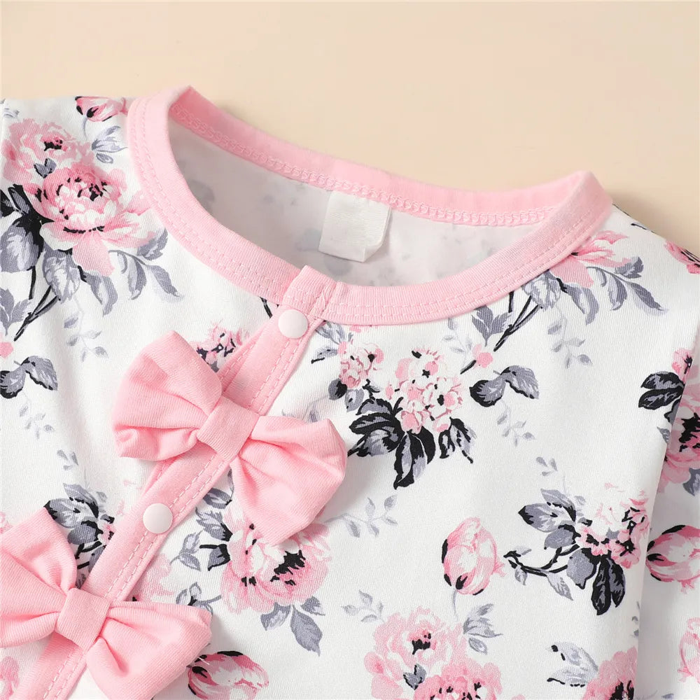 Soft baby girl long sleeve floral romper and hat set, perfect infant clothing.