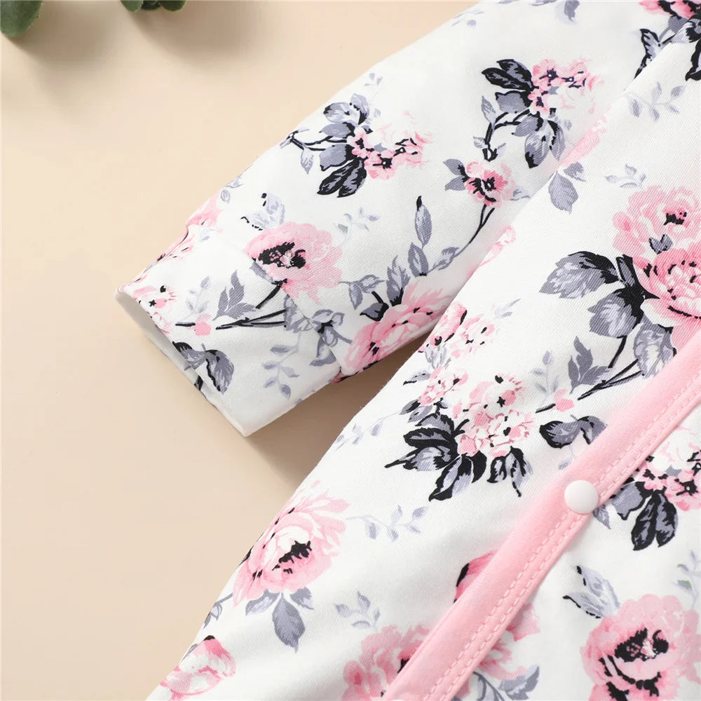 Adorable baby girl floral outfit: Romper & hat set for newborn spring/autumn.