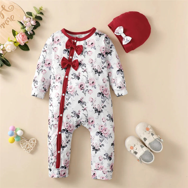 Baby girl's floral print romper outfit & hat, a sweet newborn fashion set.