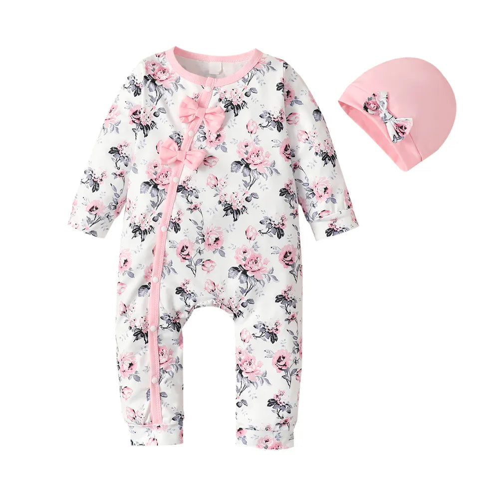 Autumn baby clothes: Newborn girl floral romper & matching hat, comfortable cotton.