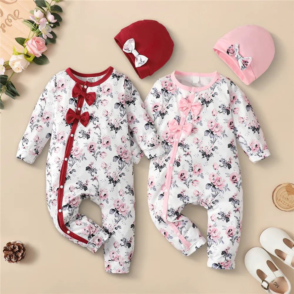 Baby girl's cute floral long sleeve romper and hat combo, ideal infant wear.