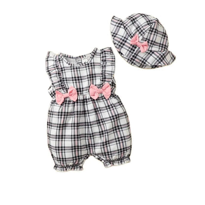 Newborn baby girl in a sleeveless pink and white plaid romper, perfect for summer casual wear.