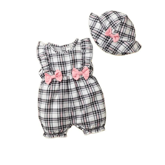 Newborn baby girl in a sleeveless pink and white plaid romper, perfect for summer casual wear.