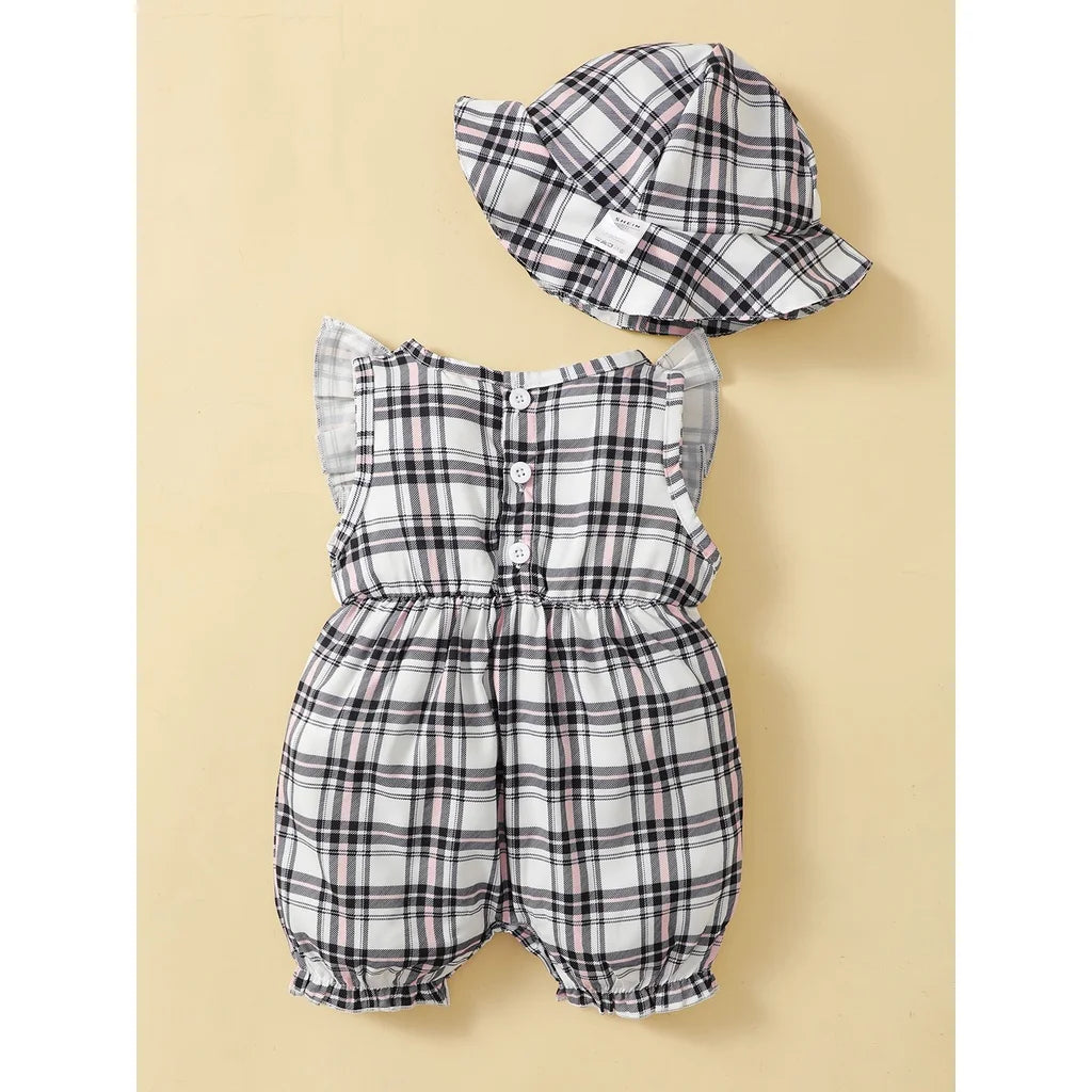 Cute polyester plaid romper for baby girls, featuring a comfortable fit for summer casual wear.
