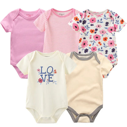 Stack of colorful baby girl's soft cotton short sleeve bodysuits, everyday fashion