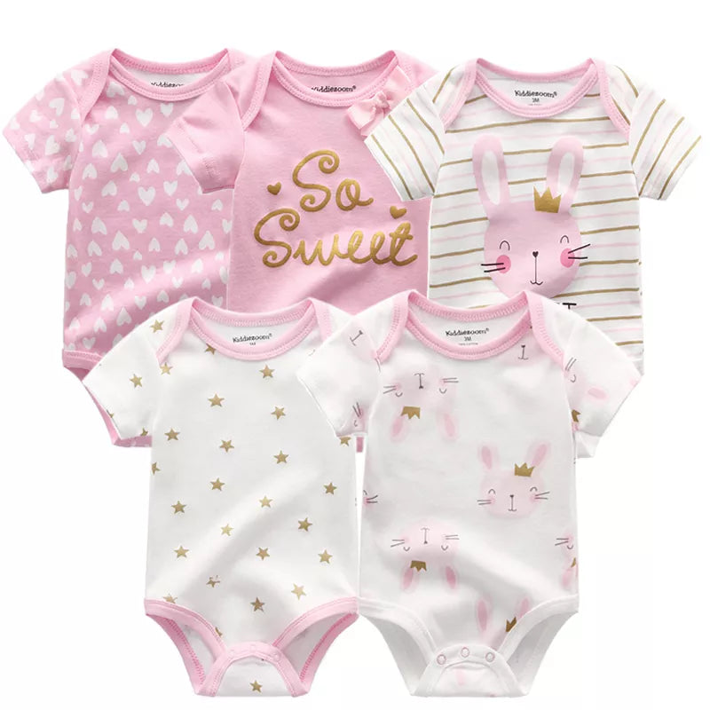 Set of multi-color cotton short sleeve bodysuits for baby girls, essential infant wear