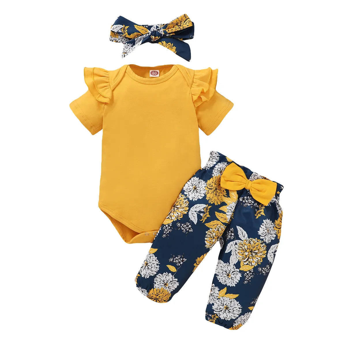 Full view of baby girl's summer attire: ruffle detail bodysuit, soft elastic waist pants, & headband.
