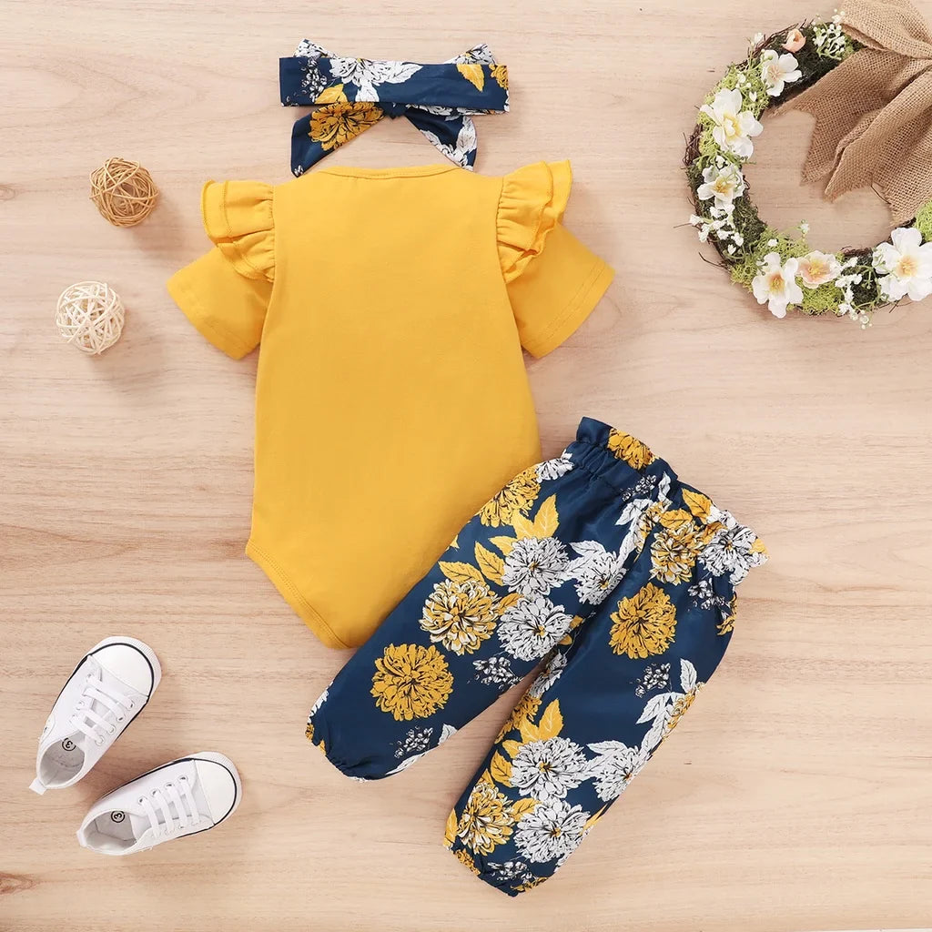 Complete baby girl clothing set: A comfy ruffle bodysuit, breathable pants, and a cute bow headband.