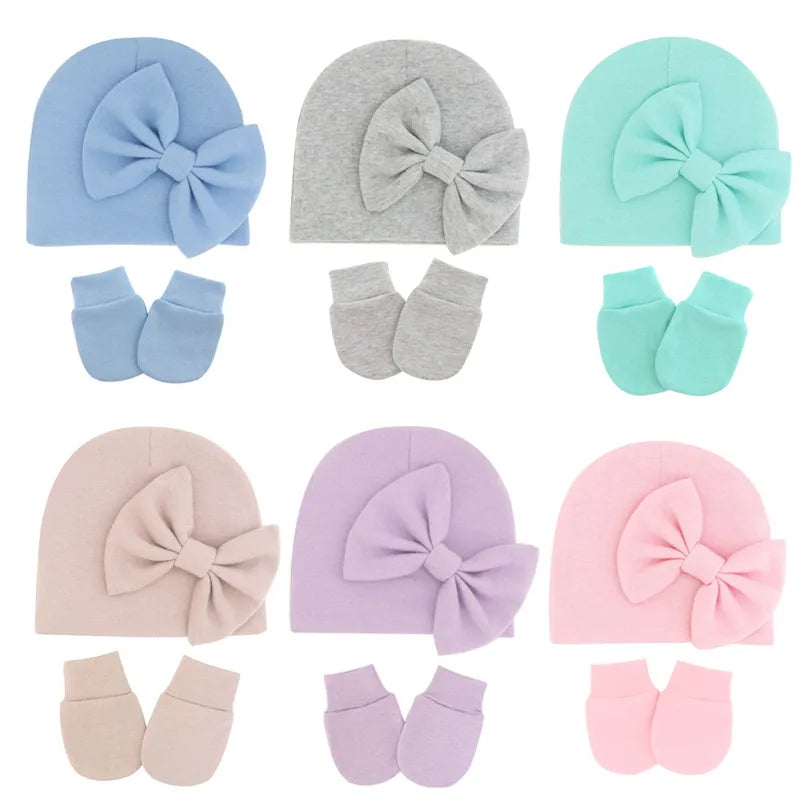 Infant apparel: soft cotton hat and mittens for baby girls, comfortable set.