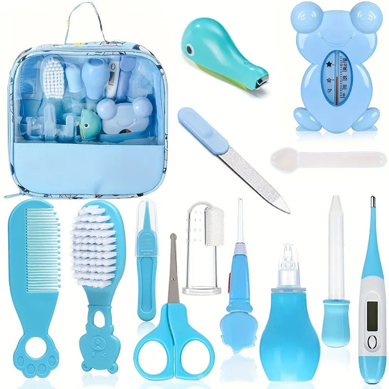 Newborn Baby Grooming & Health Kit, 13 Piece Set in a compact carry case, showing all tools.