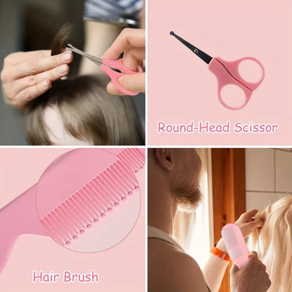 Blue newborn baby health and grooming kit with soft-bristle brush, comb, and nasal aspirator.