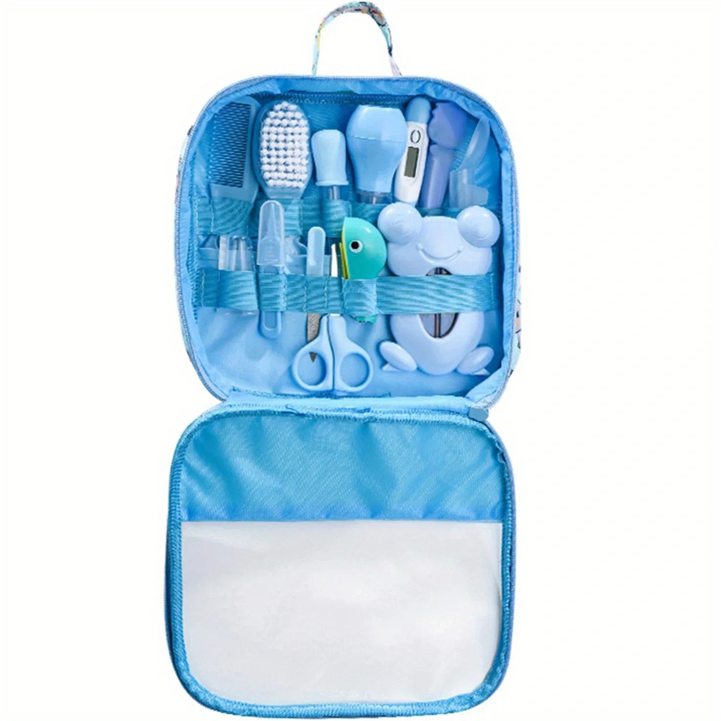 Portable newborn baby health kit, ideal for travel, with all 13 grooming tools organized.
