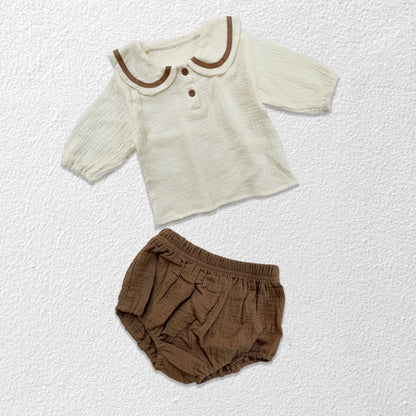 Unisex baby outfit, autumn collar top & bread bottoms for newborn, styled for comfort.