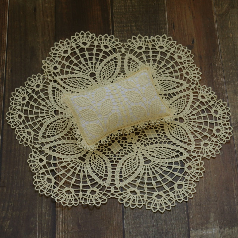 White lace baby blanket with matching pillow for newborn photoshoot props