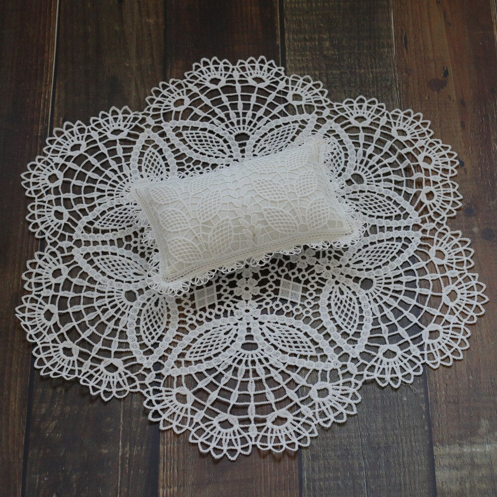 Delicate lace swaddle blanket and tiny pillow, perfect baby photography prop set