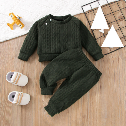 Two-piece infant outfit featuring a long-sleeved shirt and coordinating baby pants in cotton blend