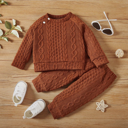 Infant clothing set, unisex design, including a long-sleeved top and pull-on pants in cotton