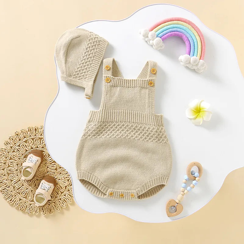 Newborn Baby Sleeveless Bodysuit Set with Hat, soft acrylic, solid ivory color, infant apparel