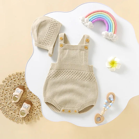 Newborn Baby Sleeveless Bodysuit Set with Hat, soft acrylic, solid ivory color, infant apparel