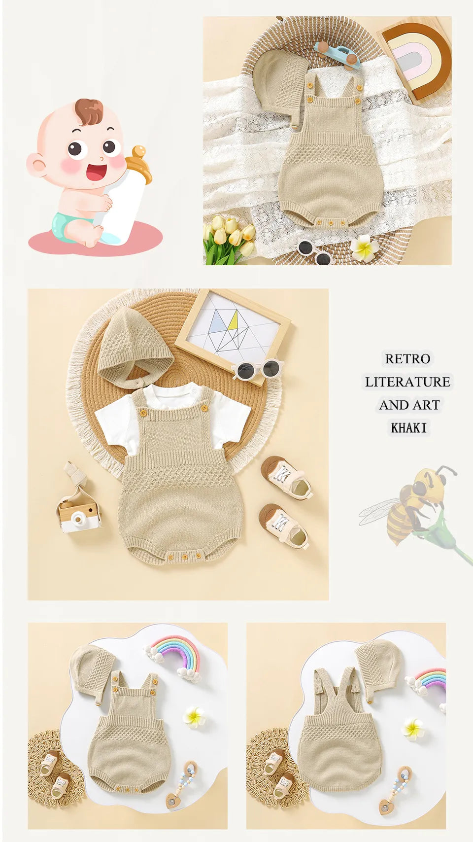 Sleeveless baby onesie designed for easy movement, paired with a soft acrylic hat, infant apparel