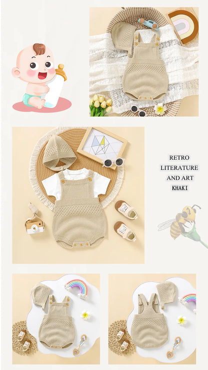 Sleeveless baby onesie designed for easy movement, paired with a soft acrylic hat, infant apparel