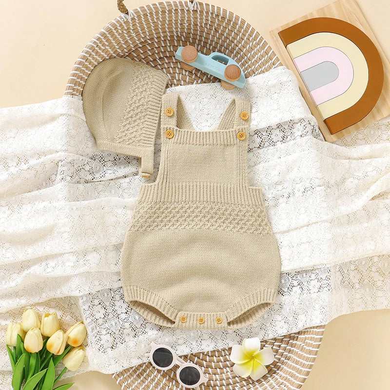 Three-piece newborn baby clothing set: two sleeveless bodysuits and a matching hat, solid pastel colors