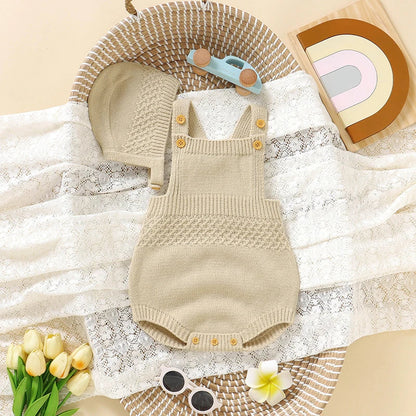 Three-piece newborn baby clothing set: two sleeveless bodysuits and a matching hat, solid pastel colors