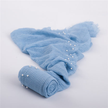 Handcrafted look newborn blanket, white beads, cozy baby swaddle photography prop
