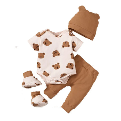 Infant boys' casual outfit set, short sleeve tee and shorts, adorned with a playful bear print, suitable for daily wear.