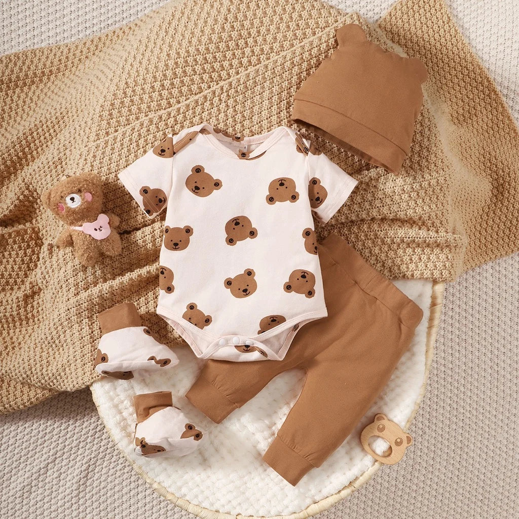 Newborn boys' comfy cotton blend outfit set, pullover style with charming bear print, ideal for little ones.